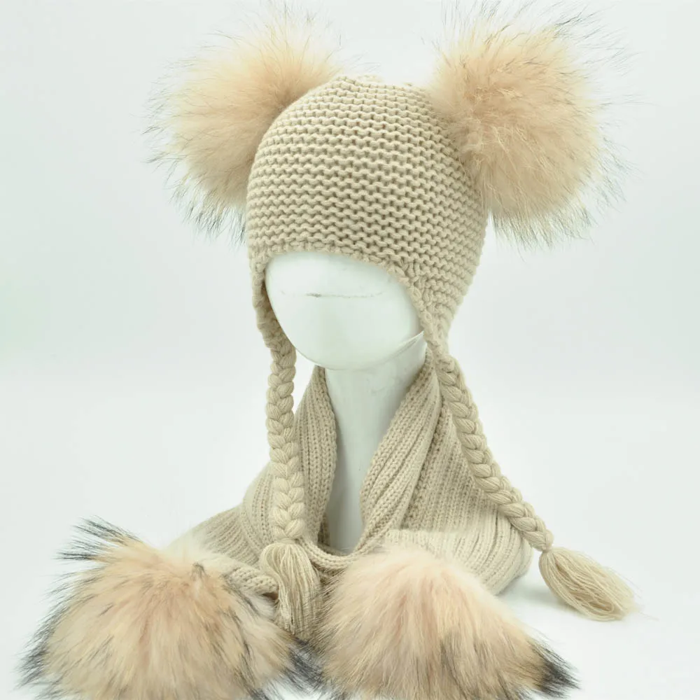 Jaxmonoy Kids Winter Hat and Scarf Set Children's Warm Knit Beanie Real Raccoon Fur Pompom Beanie&Scarf Set for Boys and Girls