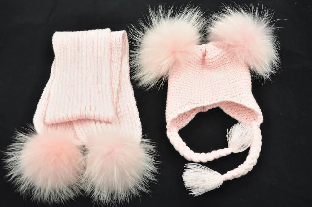 Jaxmonoy Kids Winter Hat and Scarf Set Children's Warm Knit Beanie Real Raccoon Fur Pompom Beanie&Scarf Set for Boys and Girls