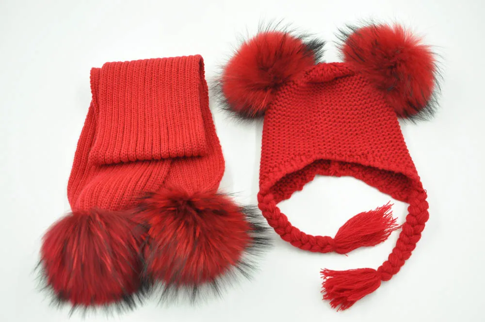 Jaxmonoy Kids Winter Hat and Scarf Set Children's Warm Knit Beanie Real Raccoon Fur Pompom Beanie&Scarf Set for Boys and Girls