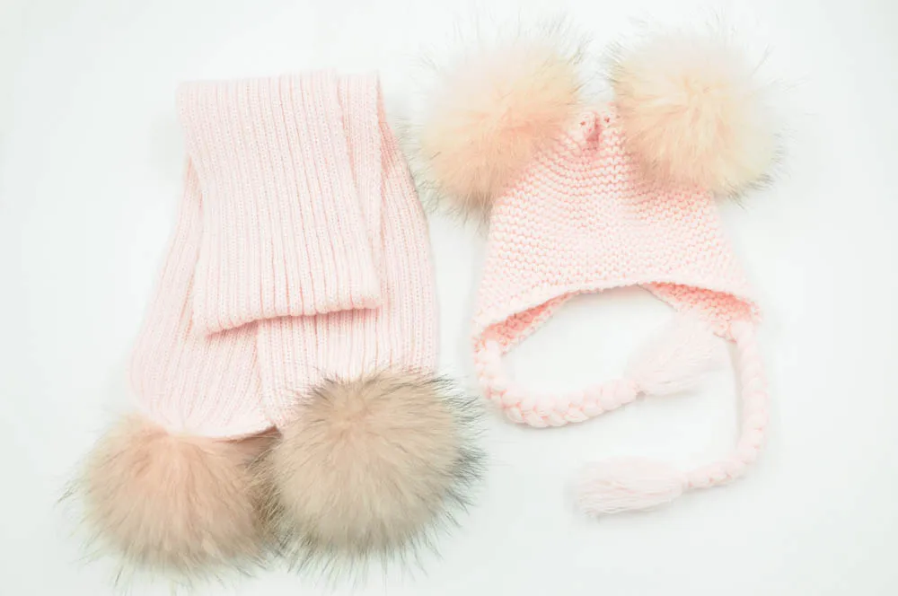 Jaxmonoy Kids Winter Hat and Scarf Set Children's Warm Knit Beanie Real Raccoon Fur Pompom Beanie&Scarf Set for Boys and Girls