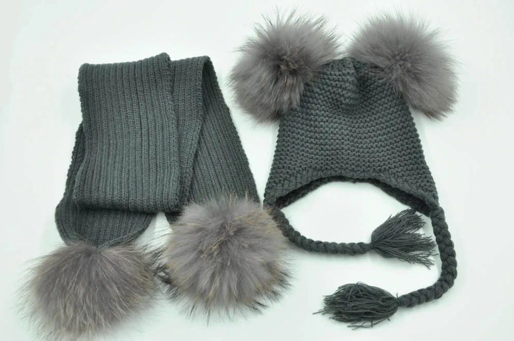 Jaxmonoy Kids Winter Hat and Scarf Set Children's Warm Knit Beanie Real Raccoon Fur Pompom Beanie&Scarf Set for Boys and Girls