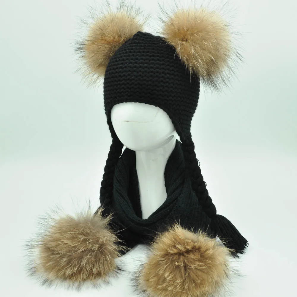 Jaxmonoy Kids Winter Hat and Scarf Set Children's Warm Knit Beanie Real Raccoon Fur Pompom Beanie&Scarf Set for Boys and Girls