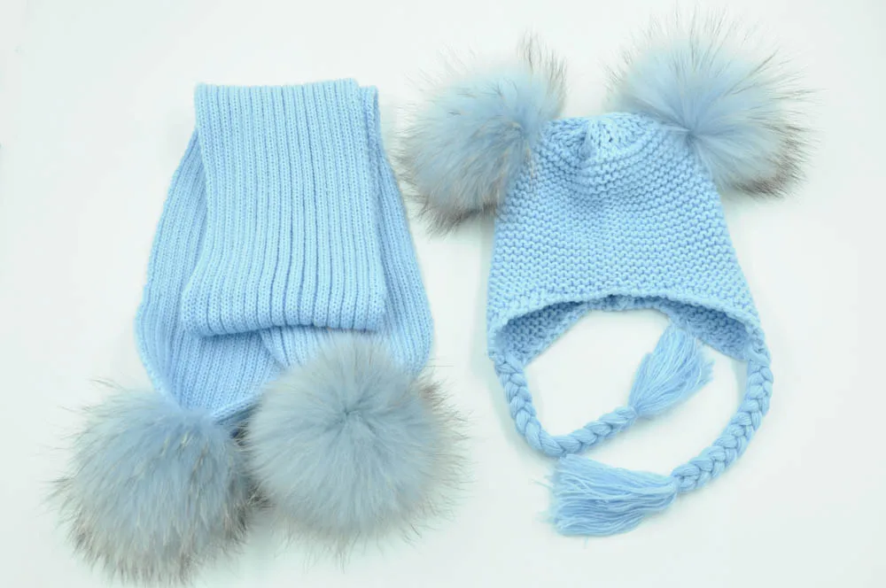 Jaxmonoy Kids Winter Hat and Scarf Set Children's Warm Knit Beanie Real Raccoon Fur Pompom Beanie&Scarf Set for Boys and Girls