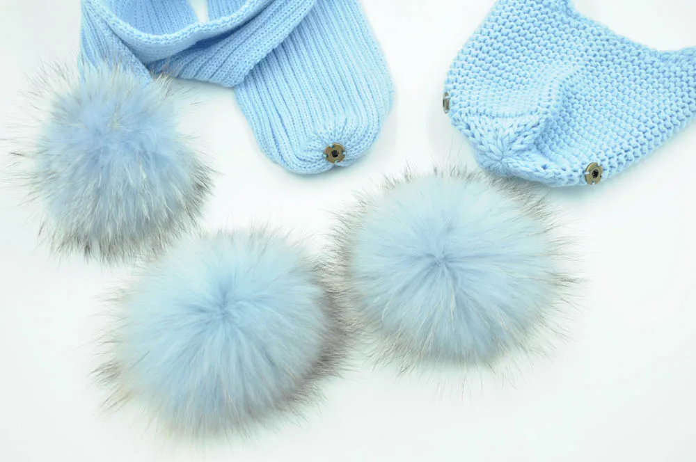 Jaxmonoy Kids Winter Hat and Scarf Set Children's Warm Knit Beanie Real Raccoon Fur Pompom Beanie&Scarf Set for Boys and Girls