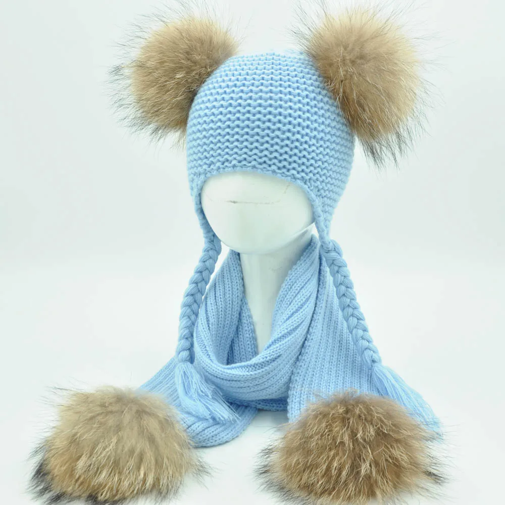 Jaxmonoy Kids Winter Hat and Scarf Set Children's Warm Knit Beanie Real Raccoon Fur Pompom Beanie&Scarf Set for Boys and Girls