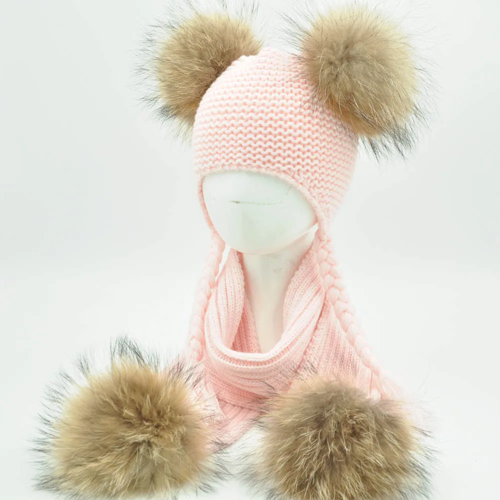 Jaxmonoy Kids Winter Hat and Scarf Set Children's Warm Knit Beanie Real Raccoon Fur Pompom Beanie&Scarf Set for Boys and Girls