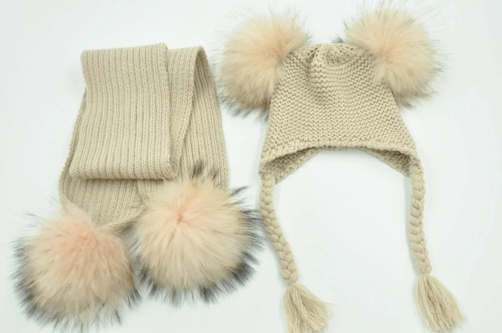 Jaxmonoy Kids Winter Hat and Scarf Set Children's Warm Knit Beanie Real Raccoon Fur Pompom Beanie&Scarf Set for Boys and Girls