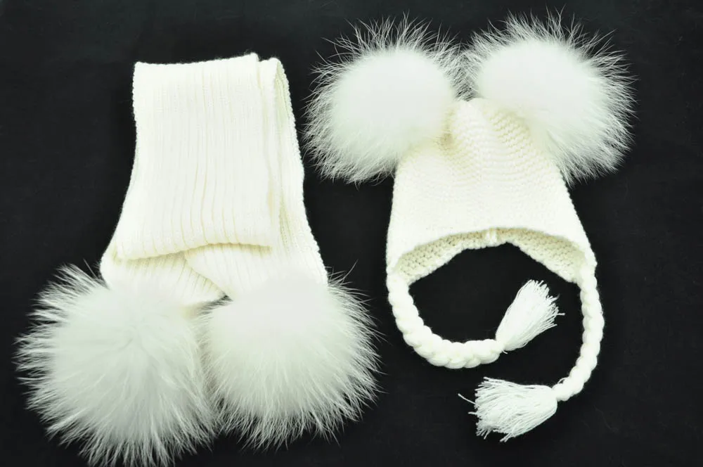 Jaxmonoy Kids Winter Hat and Scarf Set Children's Warm Knit Beanie Real Raccoon Fur Pompom Beanie&Scarf Set for Boys and Girls