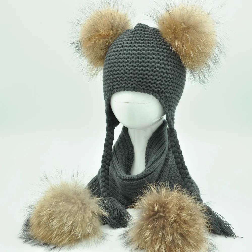 Jaxmonoy Kids Winter Hat and Scarf Set Children's Warm Knit Beanie Real Raccoon Fur Pompom Beanie&Scarf Set for Boys and Girls