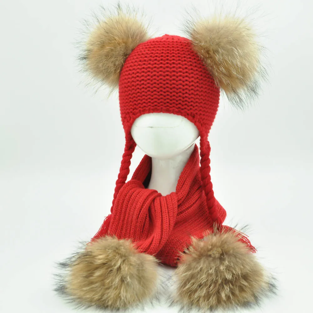 Jaxmonoy Kids Winter Hat and Scarf Set Children's Warm Knit Beanie Real Raccoon Fur Pompom Beanie&Scarf Set for Boys and Girls