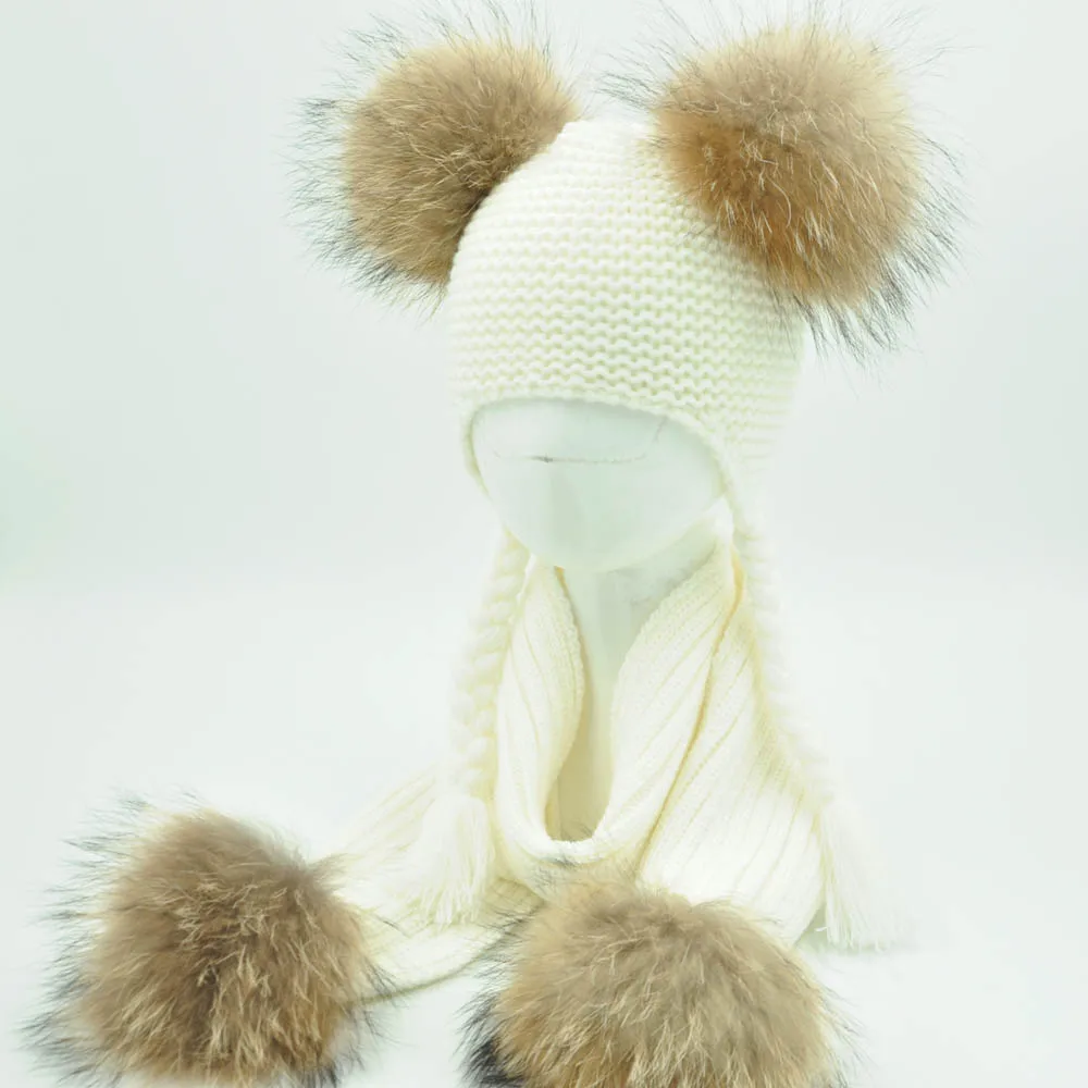 Jaxmonoy Kids Winter Hat and Scarf Set Children's Warm Knit Beanie Real Raccoon Fur Pompom Beanie&Scarf Set for Boys and Girls