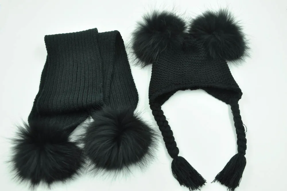 Jaxmonoy Kids Winter Hat and Scarf Set Children's Warm Knit Beanie Real Raccoon Fur Pompom Beanie&Scarf Set for Boys and Girls