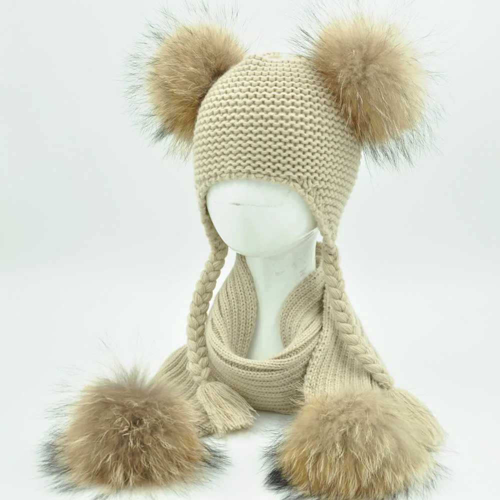 Jaxmonoy Kids Winter Hat and Scarf Set Children's Warm Knit Beanie Real Raccoon Fur Pompom Beanie&Scarf Set for Boys and Girls