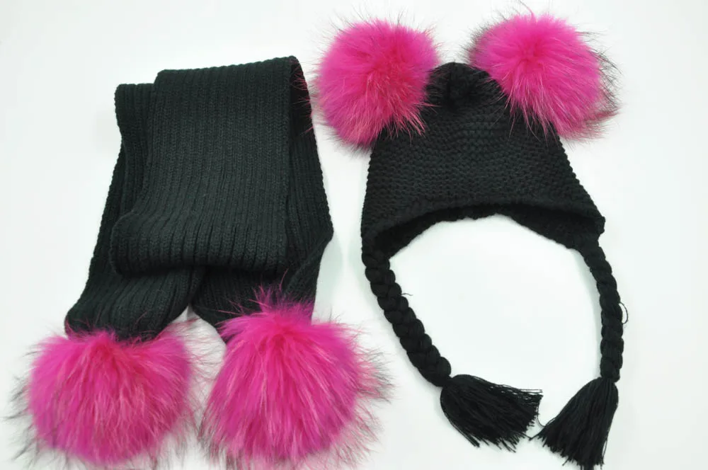 Jaxmonoy Kids Winter Hat and Scarf Set Children's Warm Knit Beanie Real Raccoon Fur Pompom Beanie&Scarf Set for Boys and Girls