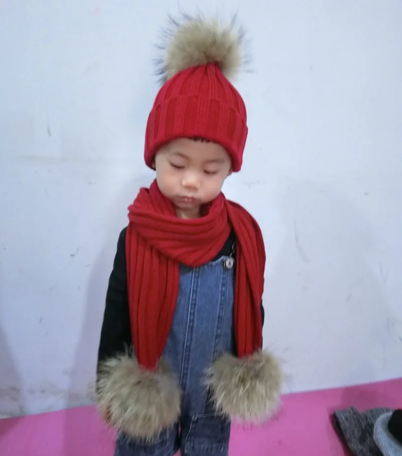 Kids Winter Hat Scarf Set Baby Warm Knitted Beanie Boys Girls Real Fur Pompom Hat For Children Winter Cap Skullies Beanies