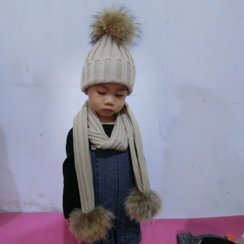 Kids Winter Hat Scarf Set Baby Warm Knitted Beanie Boys Girls Real Fur Pompom Hat For Children Winter Cap Skullies Beanies