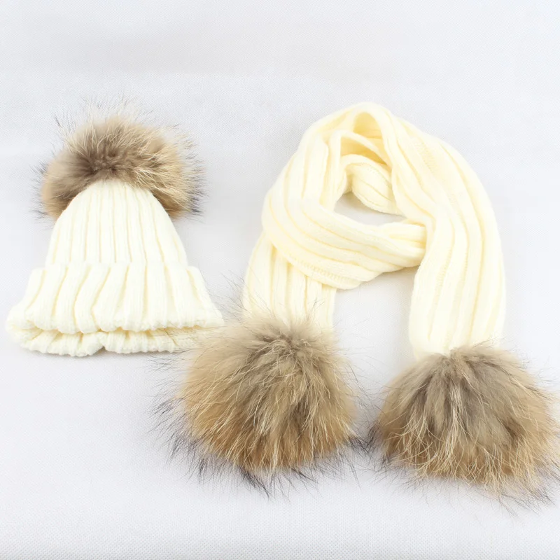 Kids Winter Hat Scarf Set Baby Warm Knitted Beanie Boys Girls Real Fur Pompom Hat For Children Winter Cap Skullies Beanies
