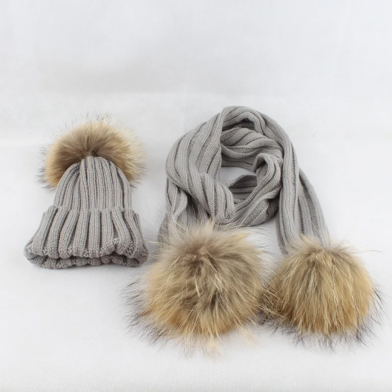 Kids Winter Hat Scarf Set Baby Warm Knitted Beanie Boys Girls Real Fur Pompom Hat For Children Winter Cap Skullies Beanies