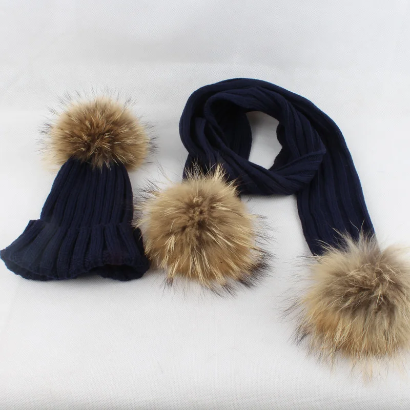Kids Winter Hat Scarf Set Baby Warm Knitted Beanie Boys Girls Real Fur Pompom Hat For Children Winter Cap Skullies Beanies