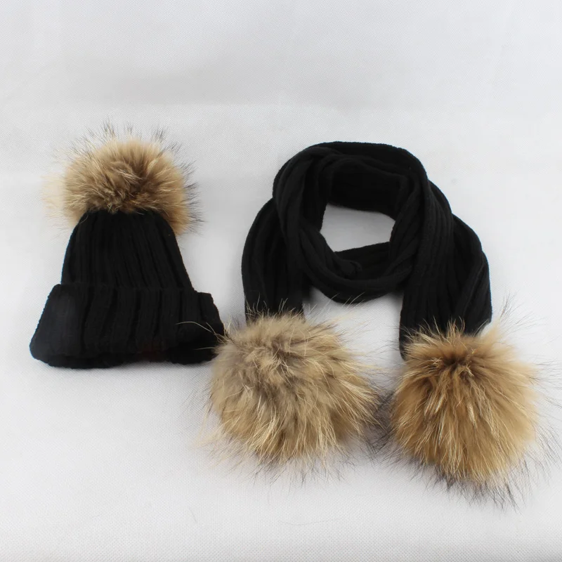 Kids Winter Hat Scarf Set Baby Warm Knitted Beanie Boys Girls Real Fur Pompom Hat For Children Winter Cap Skullies Beanies