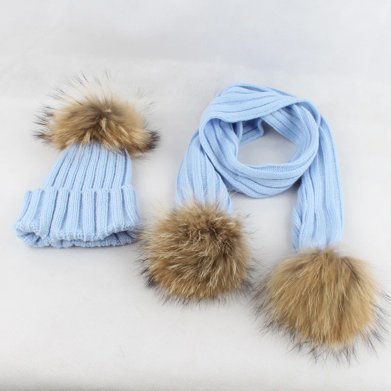 Kids Winter Hat Scarf Set Baby Warm Knitted Beanie Boys Girls Real Fur Pompom Hat For Children Winter Cap Skullies Beanies