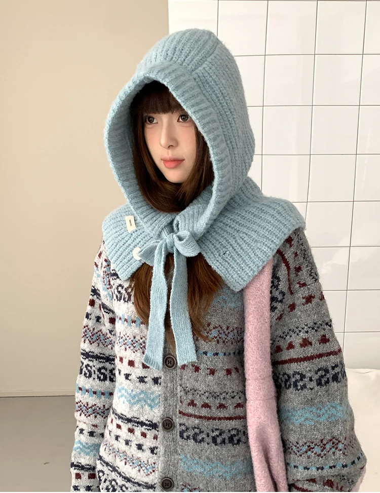 Woolen Yarn Balaclava For Women Winter Warm Earmuffs Hat Scarf