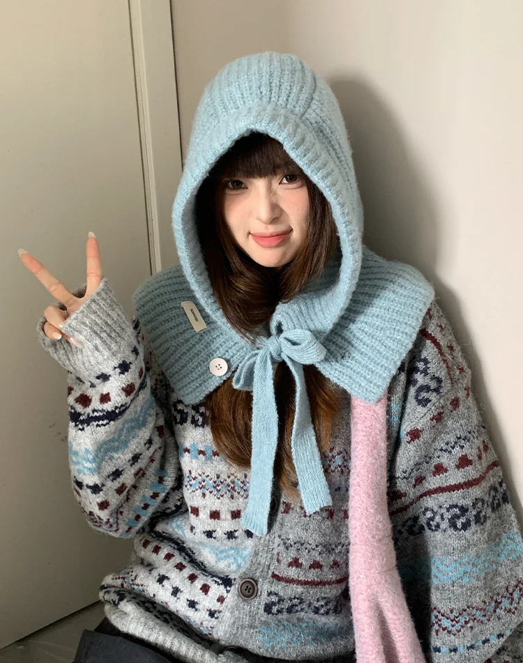 Woolen Yarn Balaclava For Women Winter Warm Earmuffs Hat Scarf