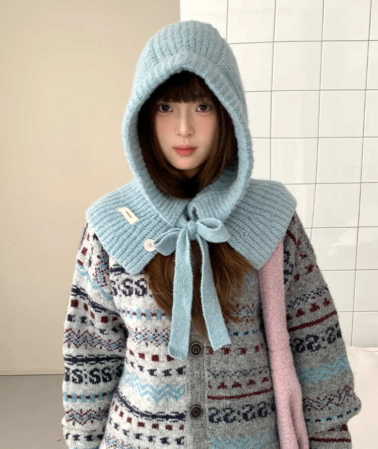 Woolen Yarn Balaclava For Women Winter Warm Earmuffs Hat Scarf