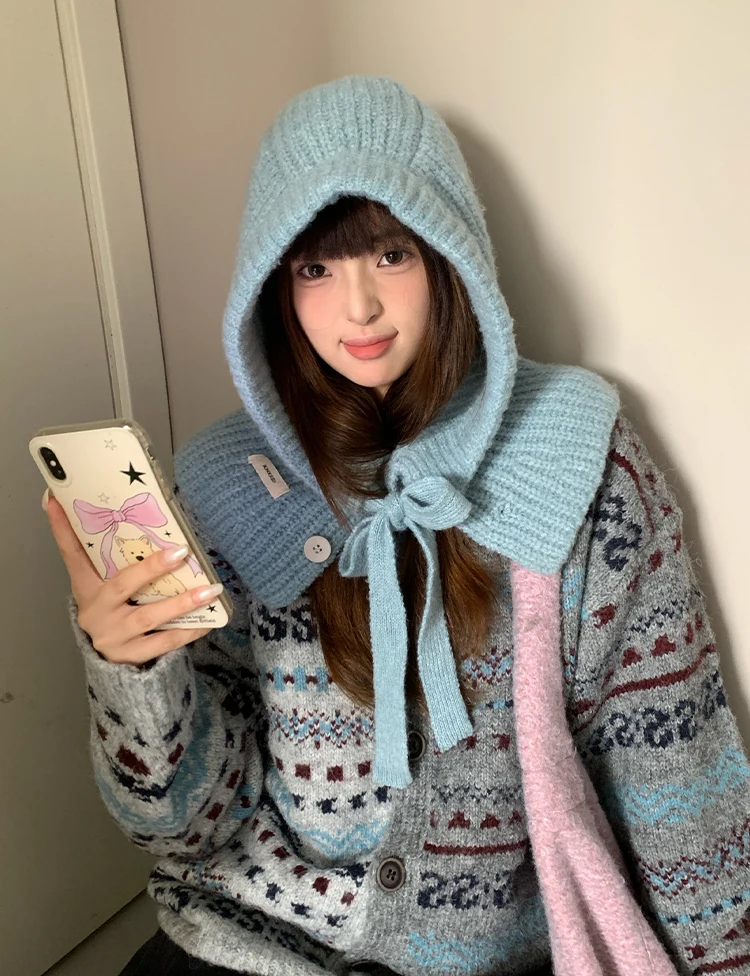 Woolen Yarn Balaclava For Women Winter Warm Earmuffs Hat Scarf