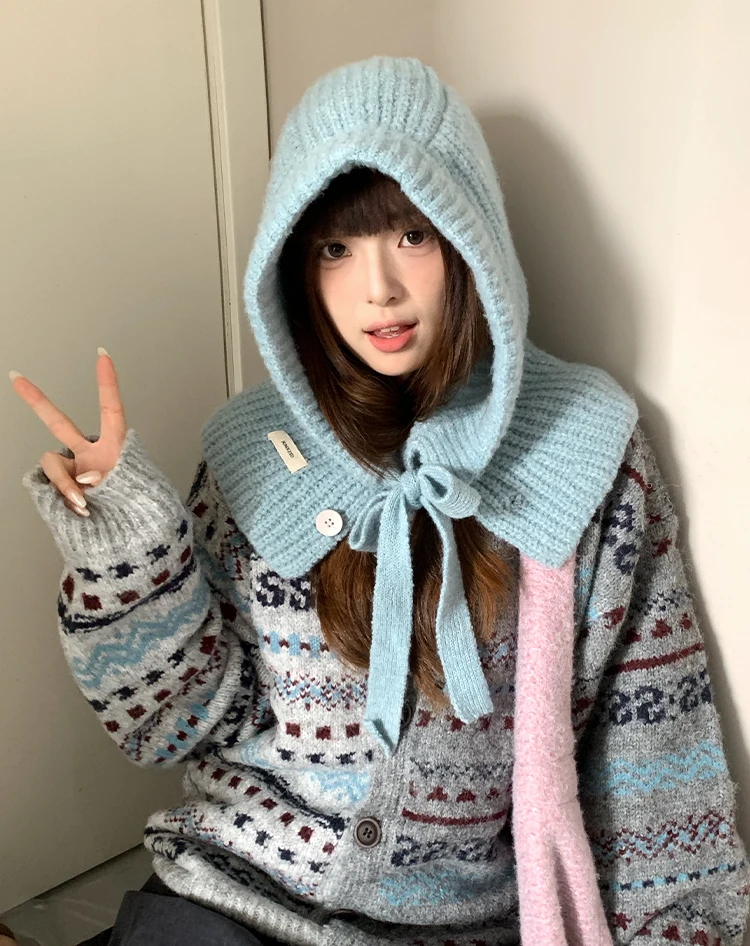 Woolen Yarn Balaclava For Women Winter Warm Earmuffs Hat Scarf