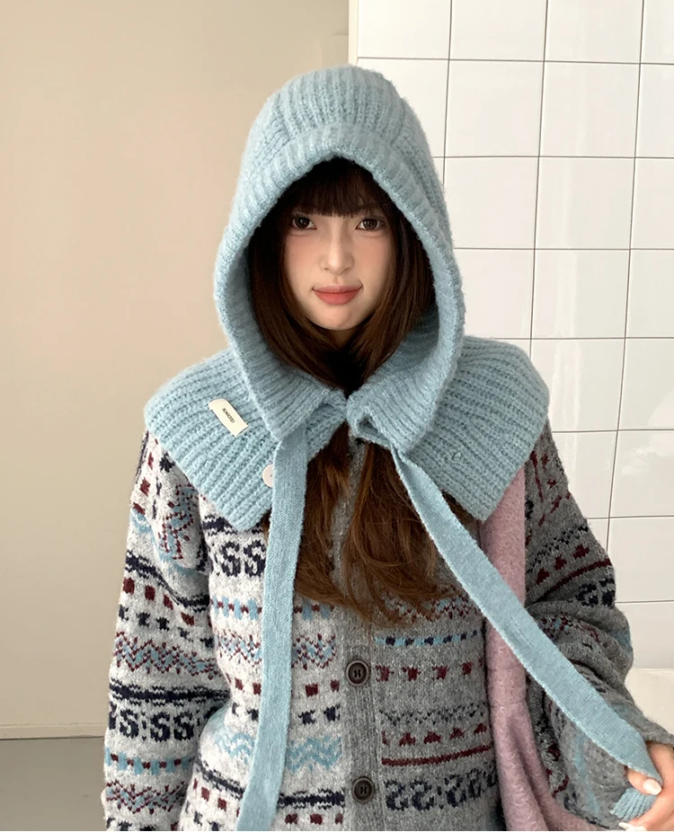 Woolen Yarn Balaclava For Women Winter Warm Earmuffs Hat Scarf