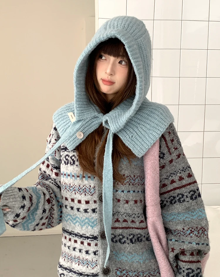 Woolen Yarn Balaclava For Women Winter Warm Earmuffs Hat Scarf