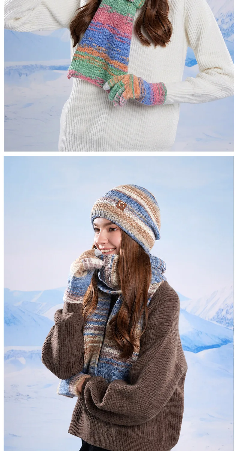 Winter Women GradientColor Knitted Hat Scarf Gloves Set Thickened Fleece Lining Skullcap Outdoor Cycling Wind Protection Beanies