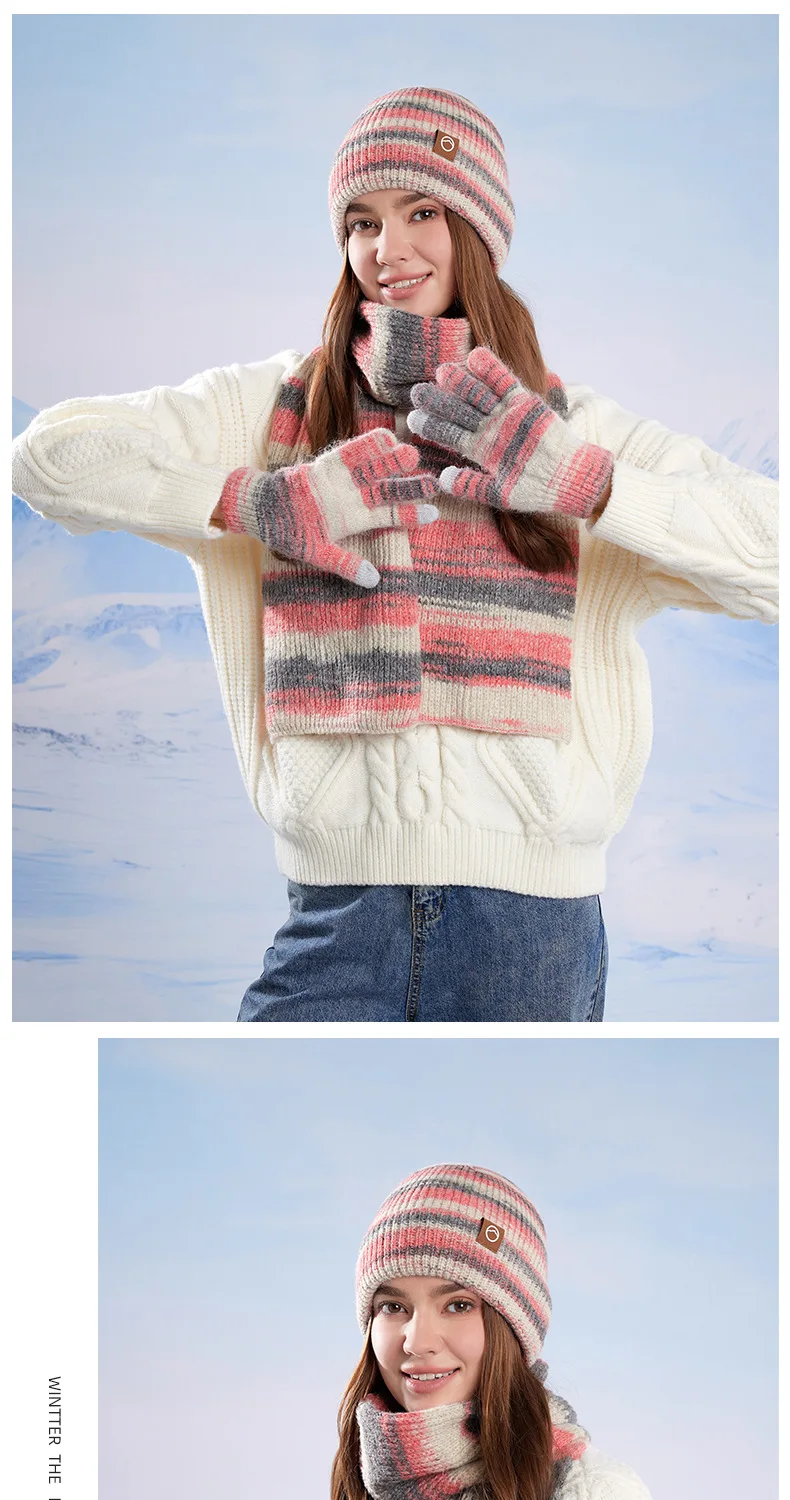 Winter Women GradientColor Knitted Hat Scarf Gloves Set Thickened Fleece Lining Skullcap Outdoor Cycling Wind Protection Beanies
