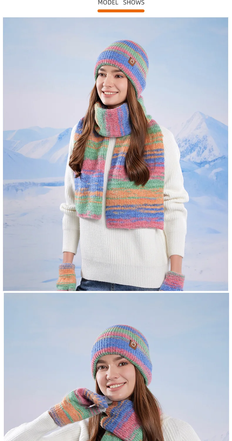 Winter Women GradientColor Knitted Hat Scarf Gloves Set Thickened Fleece Lining Skullcap Outdoor Cycling Wind Protection Beanies