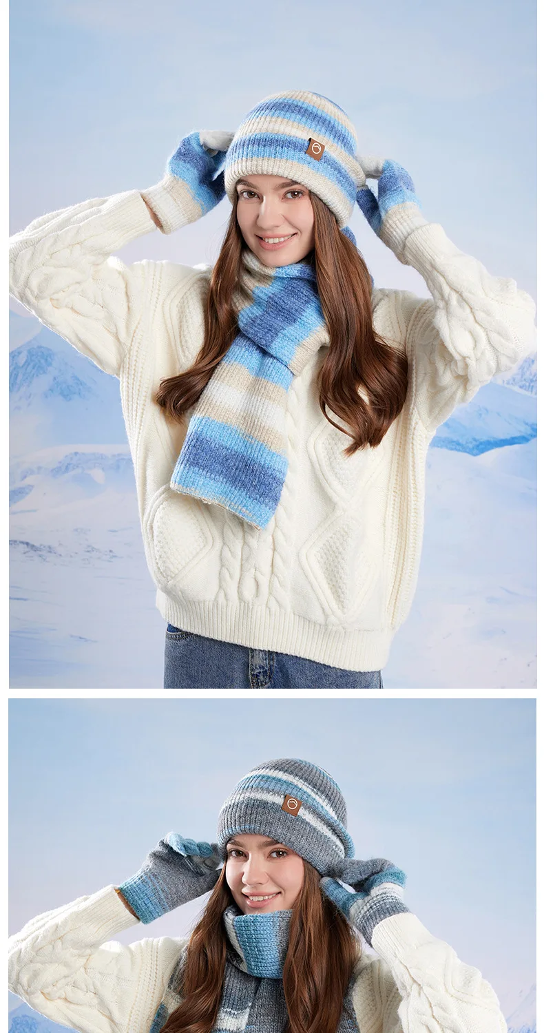 Winter Women GradientColor Knitted Hat Scarf Gloves Set Thickened Fleece Lining Skullcap Outdoor Cycling Wind Protection Beanies