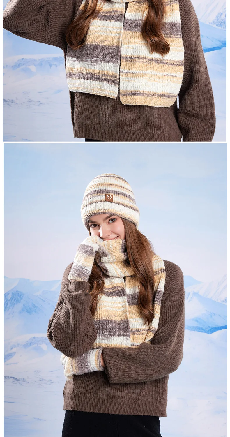 Winter Women GradientColor Knitted Hat Scarf Gloves Set Thickened Fleece Lining Skullcap Outdoor Cycling Wind Protection Beanies
