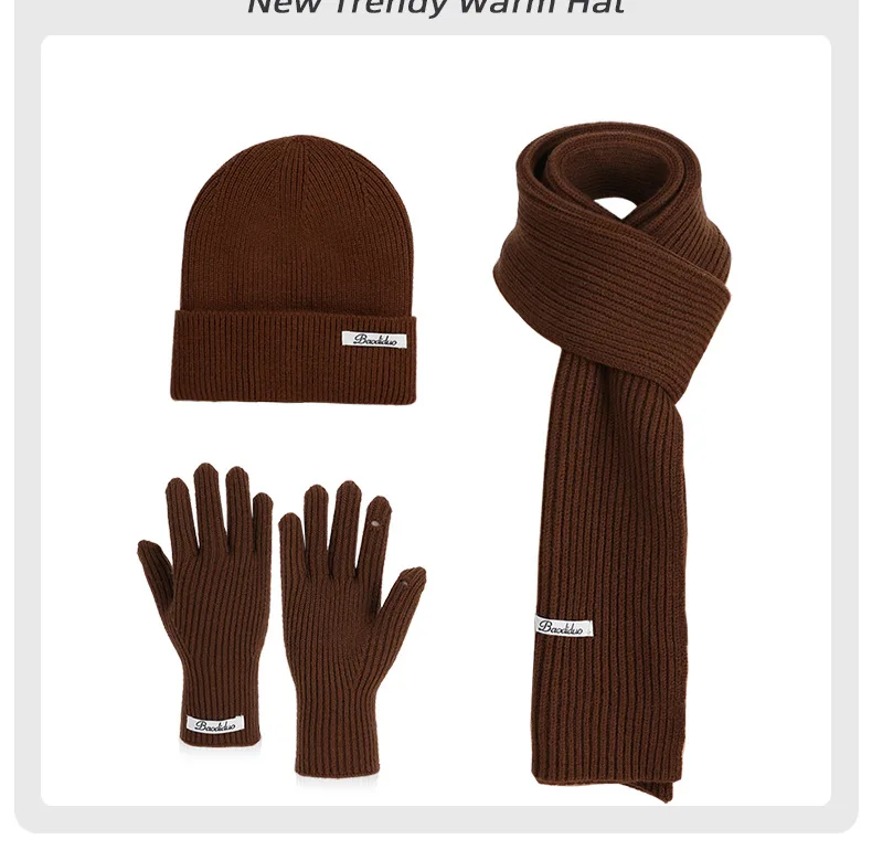 3pcs Winter Knitted Hat for Women Scarf Gloves Set Burgundy Comfortable Soft Casual Warm Hat Set Outdoor Windproof Riding Set