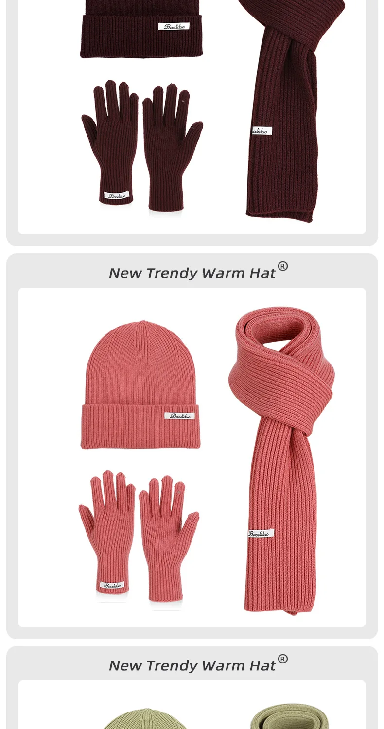 3pcs Winter Knitted Hat for Women Scarf Gloves Set Burgundy Comfortable Soft Casual Warm Hat Set Outdoor Windproof Riding Set