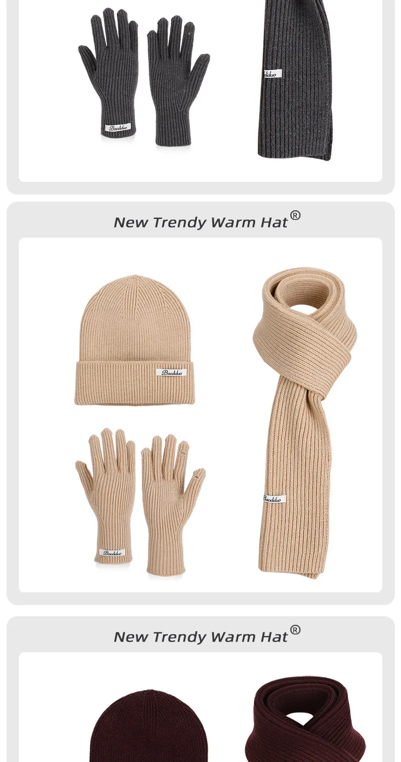 3pcs Winter Knitted Hat for Women Scarf Gloves Set Burgundy Comfortable Soft Casual Warm Hat Set Outdoor Windproof Riding Set