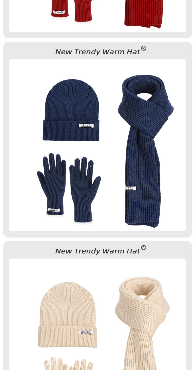 3pcs Winter Knitted Hat for Women Scarf Gloves Set Burgundy Comfortable Soft Casual Warm Hat Set Outdoor Windproof Riding Set