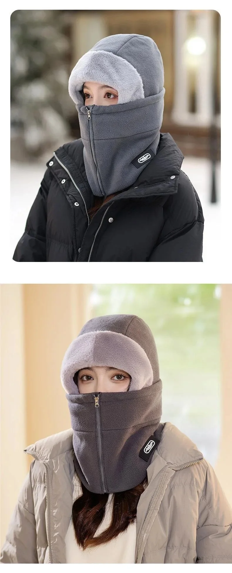Winter Warm Integrated Plush Hat Outdoor Cycling Fleece Zipper Design Adjustable Windproof Mask Cycling Protective Equipment