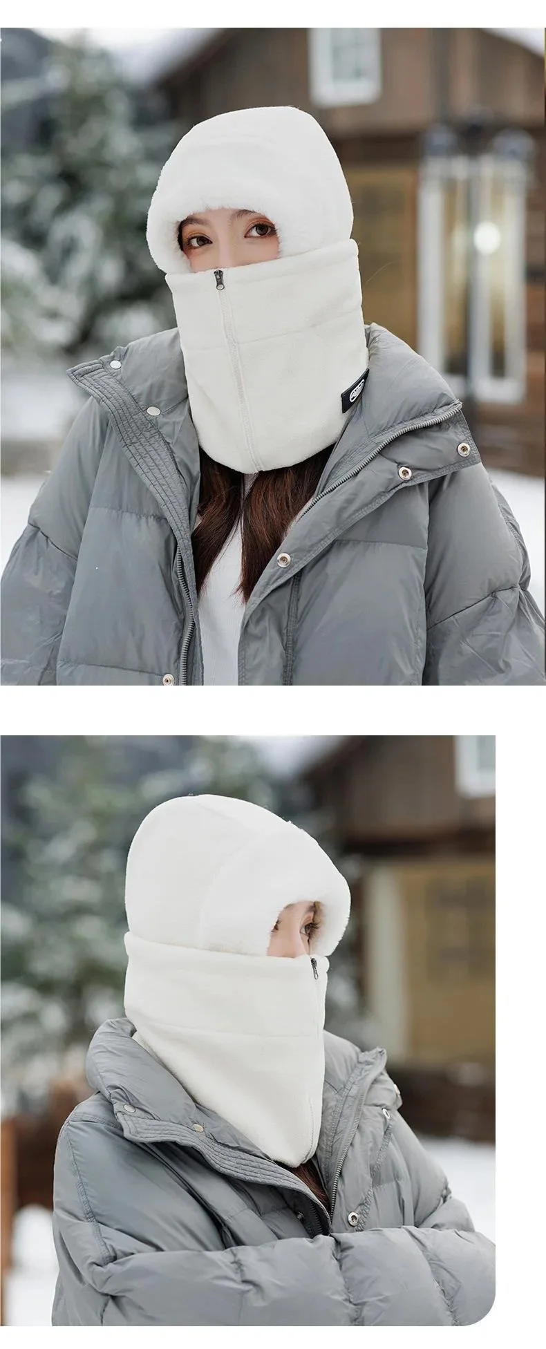 Winter Warm Integrated Plush Hat Outdoor Cycling Fleece Zipper Design Adjustable Windproof Mask Cycling Protective Equipment