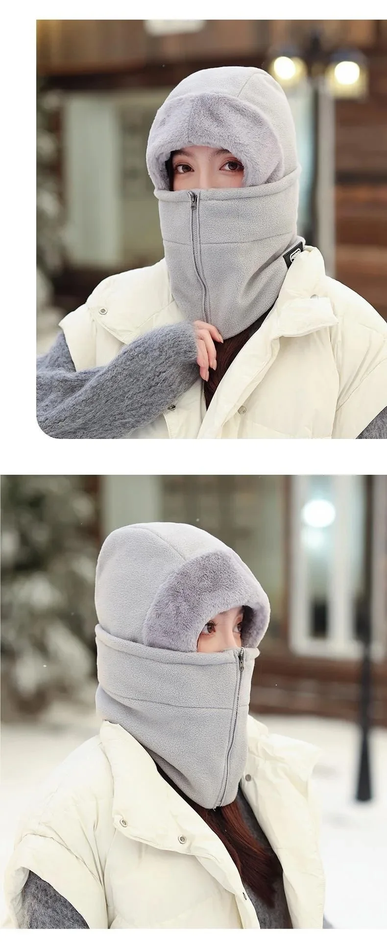 Winter Warm Integrated Plush Hat Outdoor Cycling Fleece Zipper Design Adjustable Windproof Mask Cycling Protective Equipment
