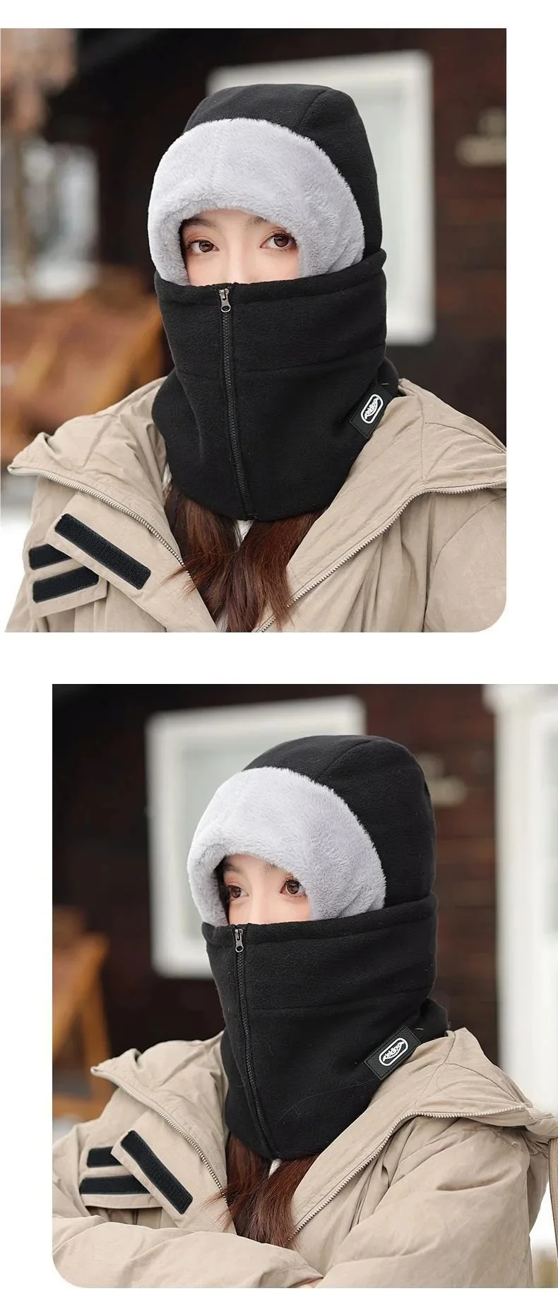 Winter Warm Integrated Plush Hat Outdoor Cycling Fleece Zipper Design Adjustable Windproof Mask Cycling Protective Equipment