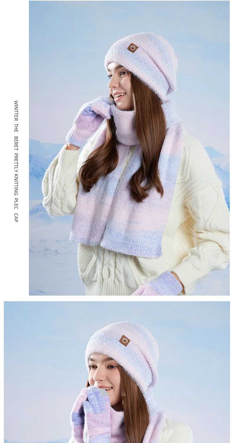 Winter Cap Gloves Scarf Set Women GradientColor Knitted Hat Thickened Fleece Lining Skullcap Outdoor Cycling Windproof Beanies