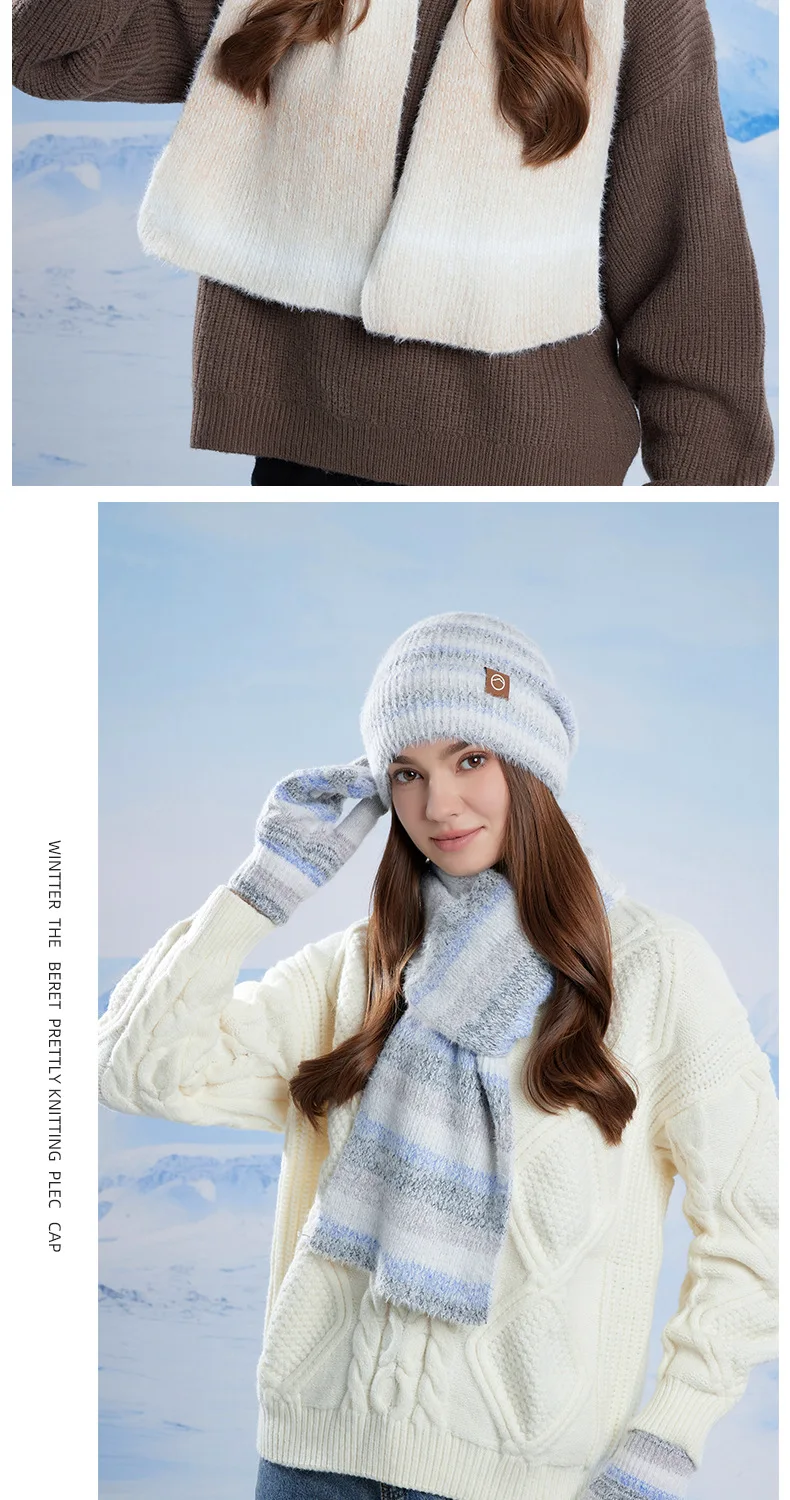 Winter Cap Gloves Scarf Set Women GradientColor Knitted Hat Thickened Fleece Lining Skullcap Outdoor Cycling Windproof Beanies