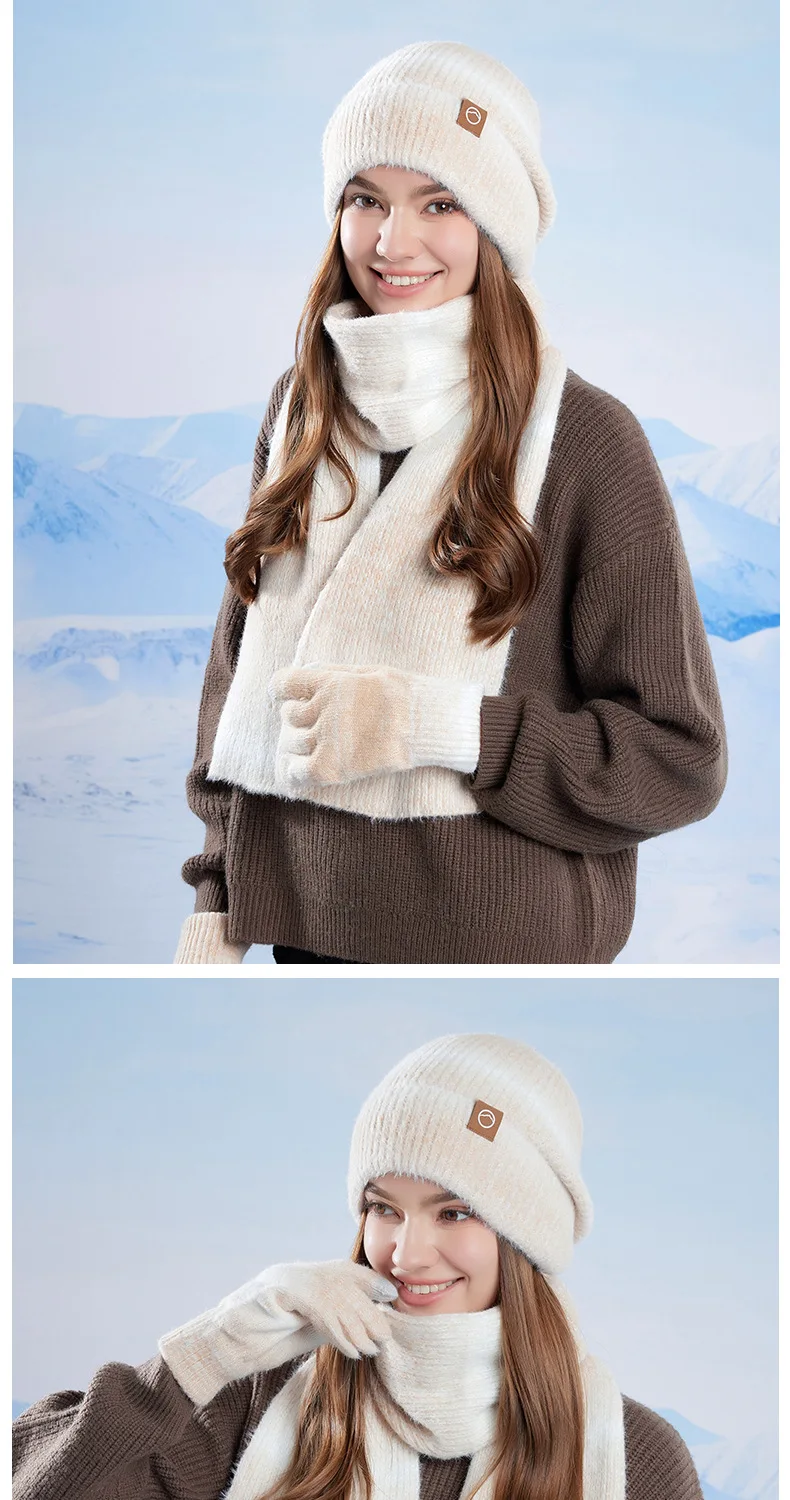 Winter Cap Gloves Scarf Set Women GradientColor Knitted Hat Thickened Fleece Lining Skullcap Outdoor Cycling Windproof Beanies