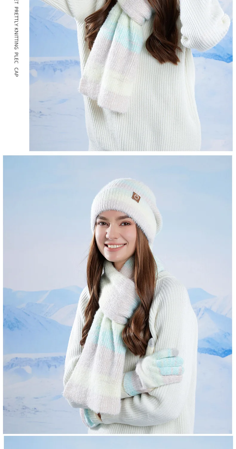 Winter Cap Gloves Scarf Set Women GradientColor Knitted Hat Thickened Fleece Lining Skullcap Outdoor Cycling Windproof Beanies