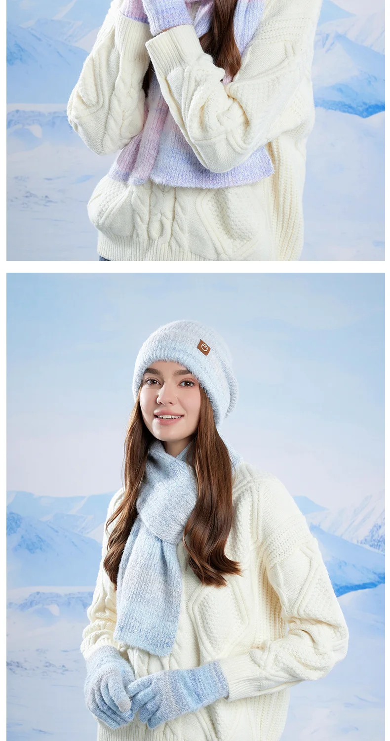 Winter Cap Gloves Scarf Set Women GradientColor Knitted Hat Thickened Fleece Lining Skullcap Outdoor Cycling Windproof Beanies